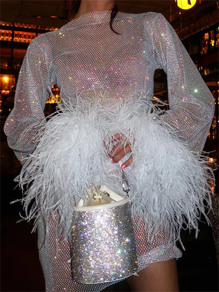 Trendy Fur Feather Mesh Sparkle Mini Party Dress