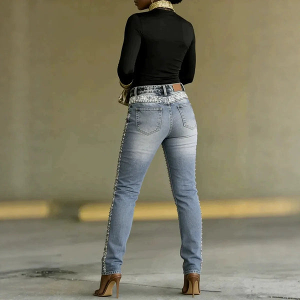 Trendy High Waisted Rhinestone Embellished Jeans