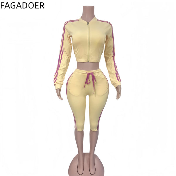 FAGADOER Y2K Trendy Color Block Striped 2 Piece Sets Women Casual Zipper Top Pocket Patchwork Drawstring Bodycon Shorts Suits