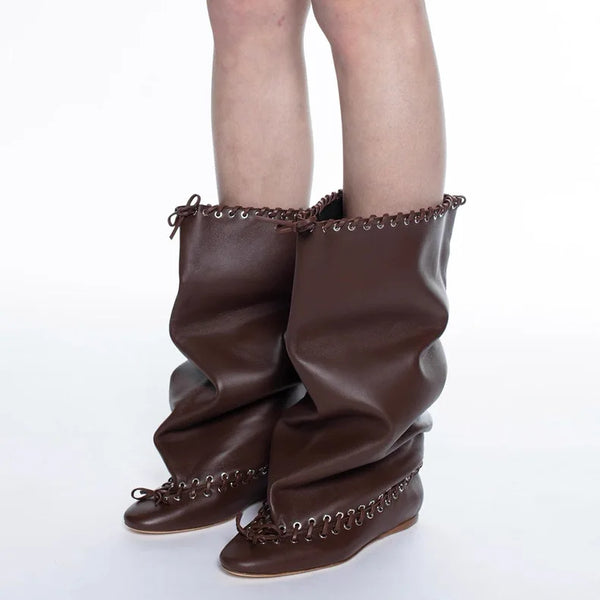 Trendy Wide Knee High Cross Tied Flat Sole Boots