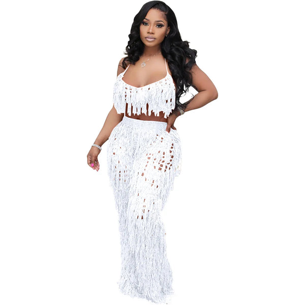 Trendy Knitted Fringed Crochet Crop Top And Bottom Set