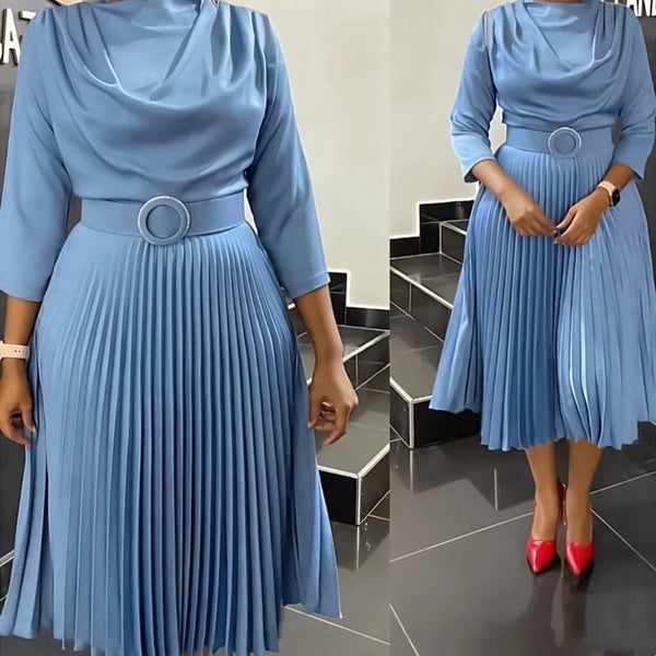 Trendy Pleated Long Sleeve Dress With Belt