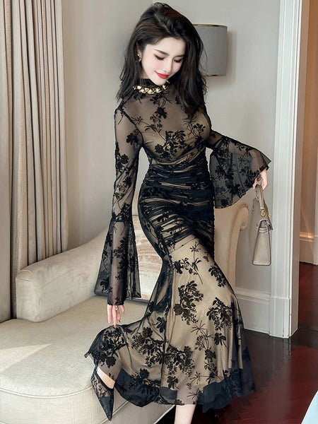 Trendy Retro Black Mesh Fishtail Formal Dress