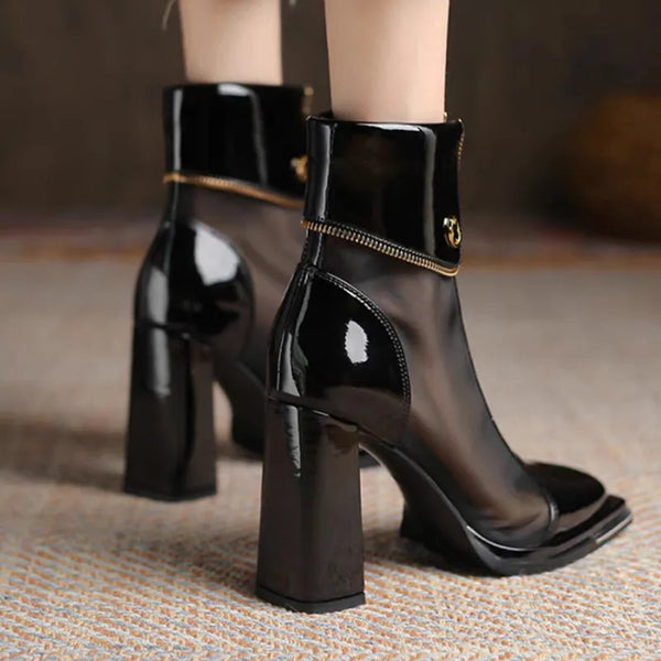 Trendy Mesh Ankle Patent Leather Heel Boots