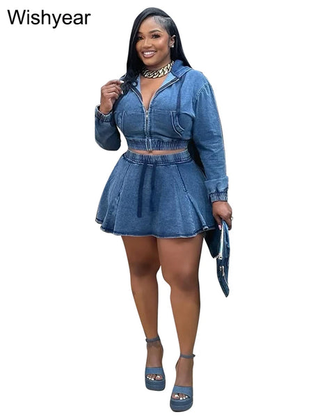 Trendy Denim Stoned Washed Crop Jacket And Pleated Skirt