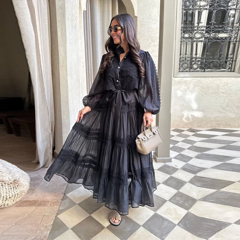 Trendy Lace Patchwork Puff Sleeve Bogemian Dress