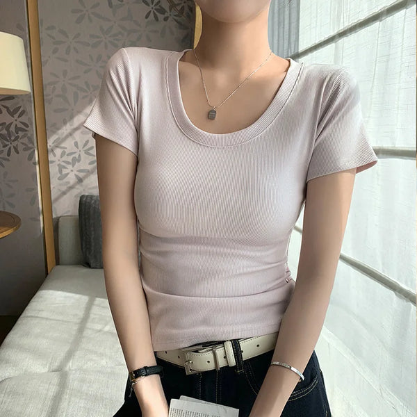 Trendy Threaded U Neck Short Sleeve Shirt