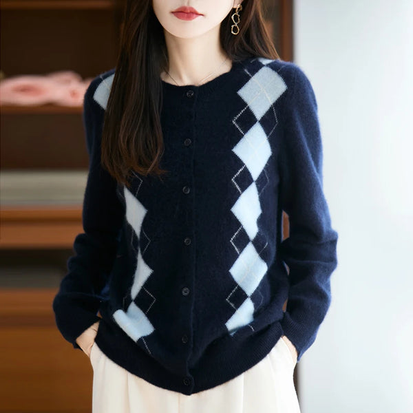 Trendy Merino Wool O-neck Diamond Grid Cardigan Sweater