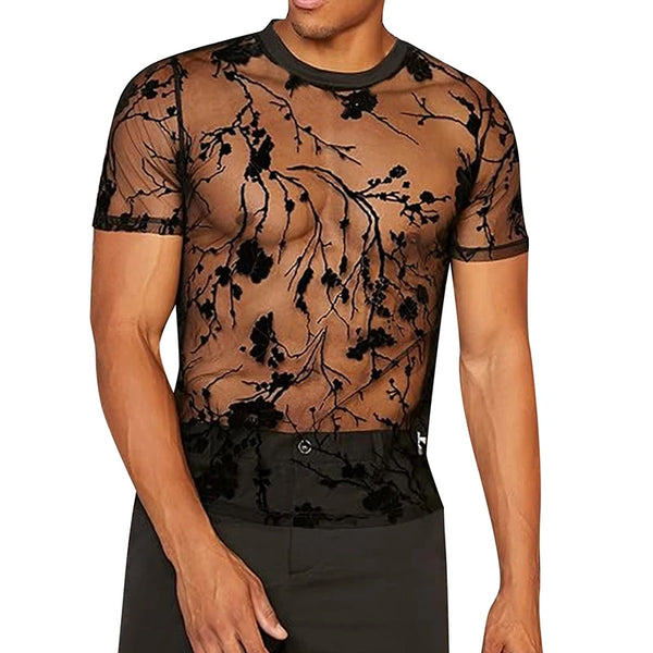 Trendy Mens Mesh Lace Hollow Out Shirt
