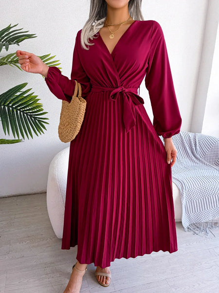 Trendy Pleated Maxi Long Sleeve Dress
