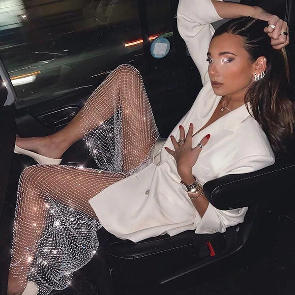 Trendy Fishnet Rhinestone Mesh Pants