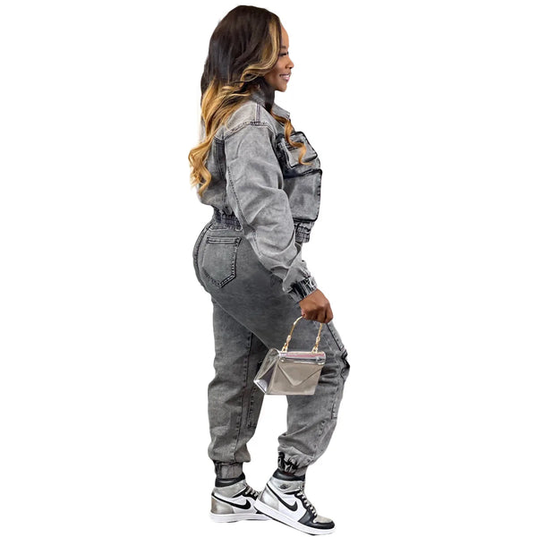 Trendy Denim Cargo Style Jacket And Pants Set