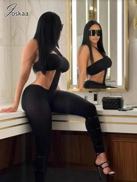 Trendy Hollow Out Cross Bodysuit Two Piece Pants Set