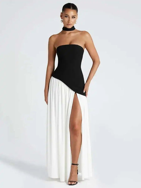 Trendy Black White Strapless Asymmetric Maxi Dress