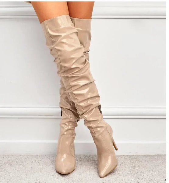 Trendy Over The Knee Pointed Patent Faux Leather Heel Boots