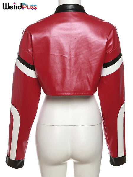 Trendy Faux Leather Varsity Sports Crop Jacket