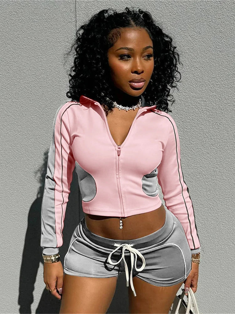 Trendy Tracksuit Two Piece Crop Top Jacket and Shorts Set