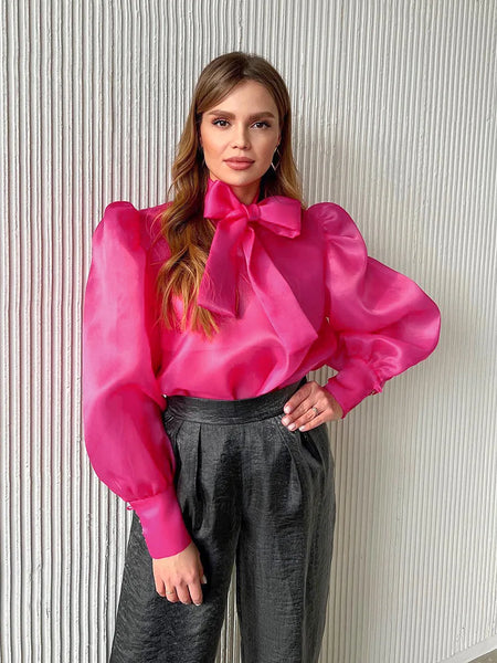 Trendy Puff Sleeve Lace Up Bowknot Collar Blouse