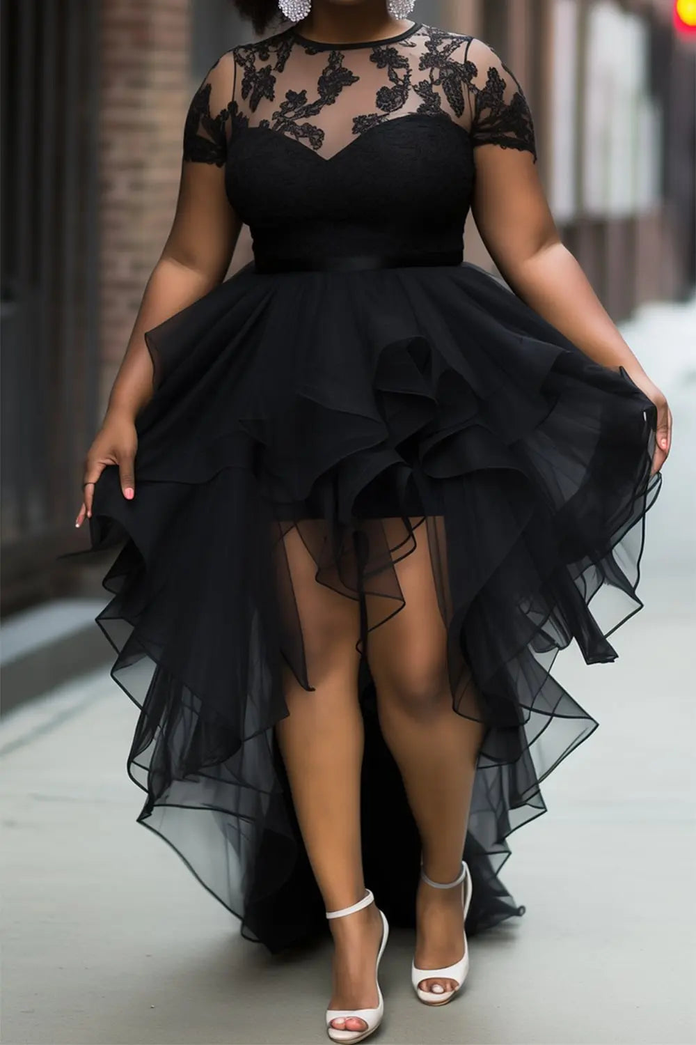 Trendy Black Lace Short Sleeve Ruffle Dress