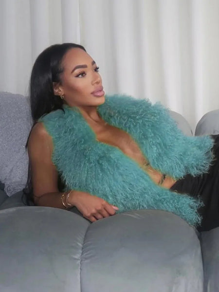 Trendy Furry Halter Backless Tie-Up Vest