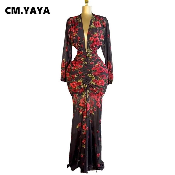 Trendy Hollow Out Rose Floral Long Maxi Dress