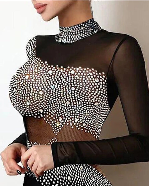 Trendy Rhinestone Design Mesh Long Sleeve Mini Party Dress