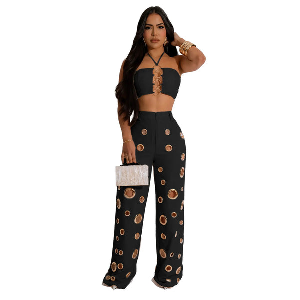 Trendy Hollow Out Two Piece Crop Top And Bottom Pants Set