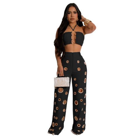 Trendy Hollow Out Two Piece Crop Top And Bottom Pants Set