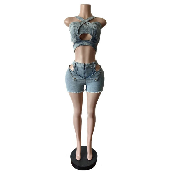 Trendy Denim Hollow Out Short Romper