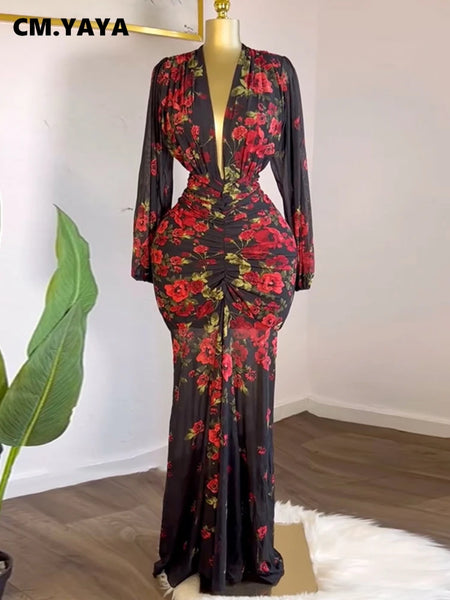 Trendy Hollow Out Rose Floral Long Maxi Dress