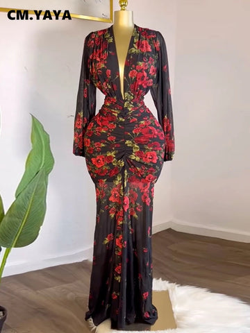 Trendy Hollow Out Rose Floral Long Maxi Dress