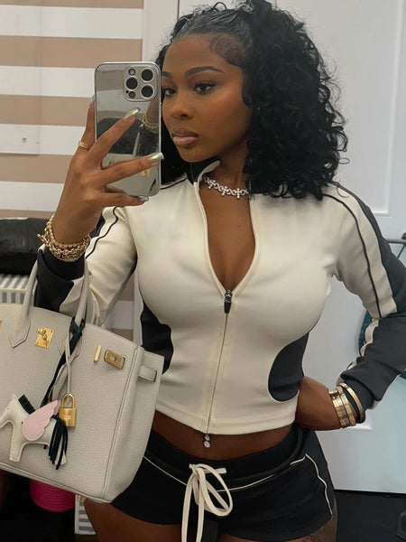 Trendy Tracksuit Two Piece Crop Top Jacket and Shorts Set