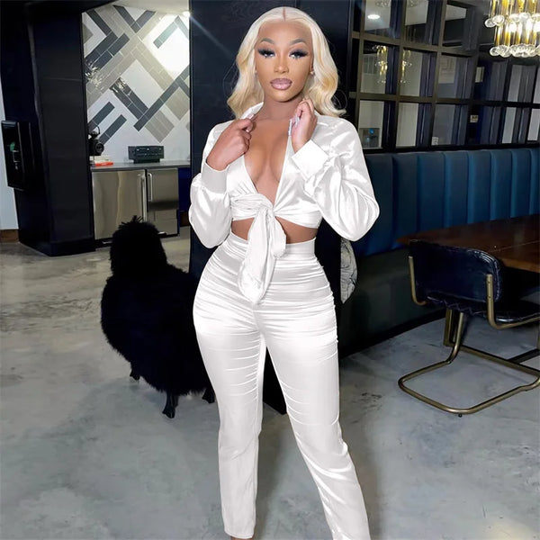 Trendy Satan Lace Up Crop Top And Bottom Pants Set