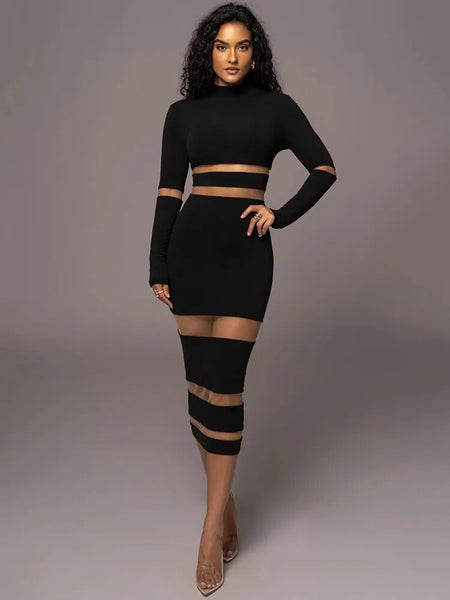 Trendy Patchwork Turtleneck Long Sleeve  Party Dress