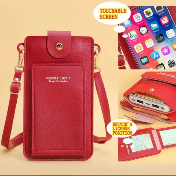 Red phone case with touchscreen, driver's license holder, and phone inset on a beige background.