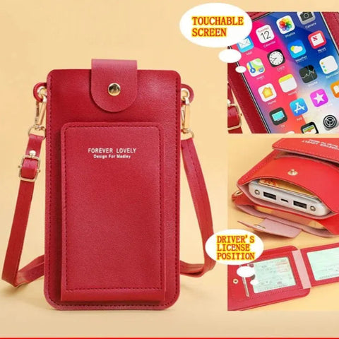 Red phone case with touchscreen, driver's license holder, and phone inset on a beige background.