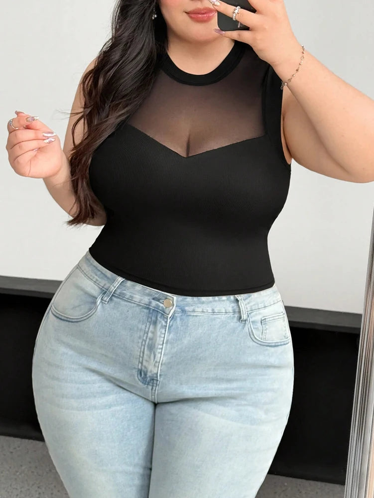 Trendy Plus Size Black Sleeveless Mesh Top