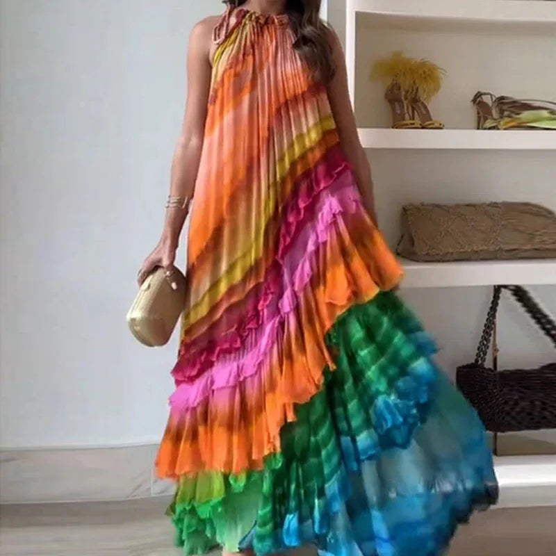Trendy Colorful Rainbow Sleeveless Ribbon Inspired Maxi Dress