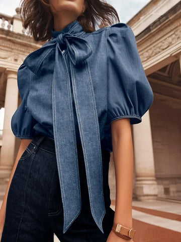 Trendy Puff Denim Blue Bowtie Collar