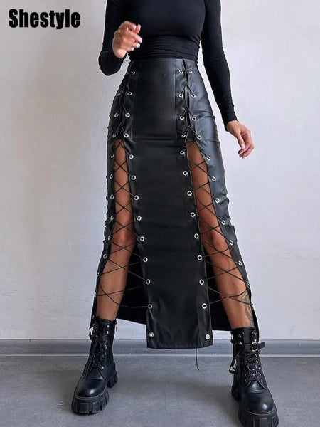 Trendy Lace Up Bandage Hollow Out Faux Leather Skirt