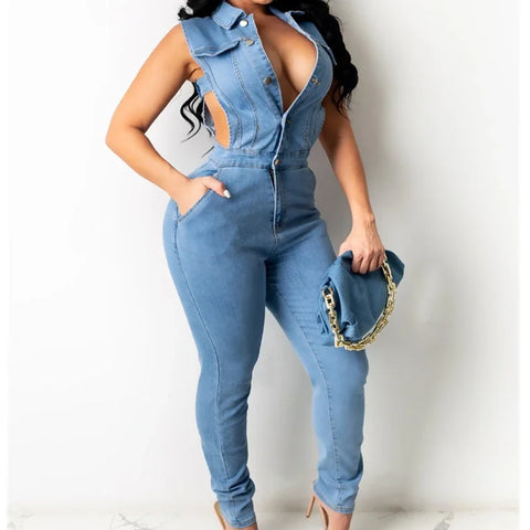 Trendy Sleeveless Light Blue Denim Jumpsuit