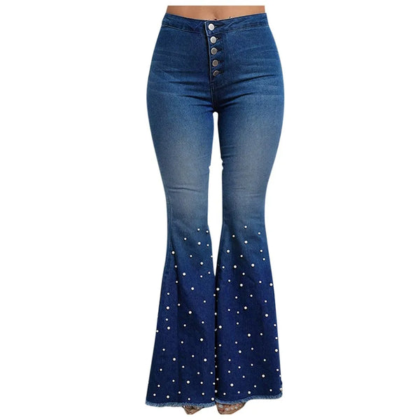 Trendy Denim High Waist  Bell-Bottom Pants