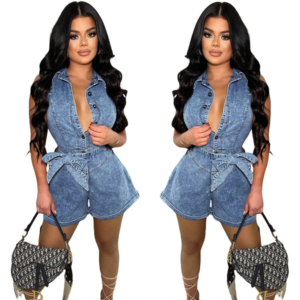 Trendy Hollow Out Denim Romper