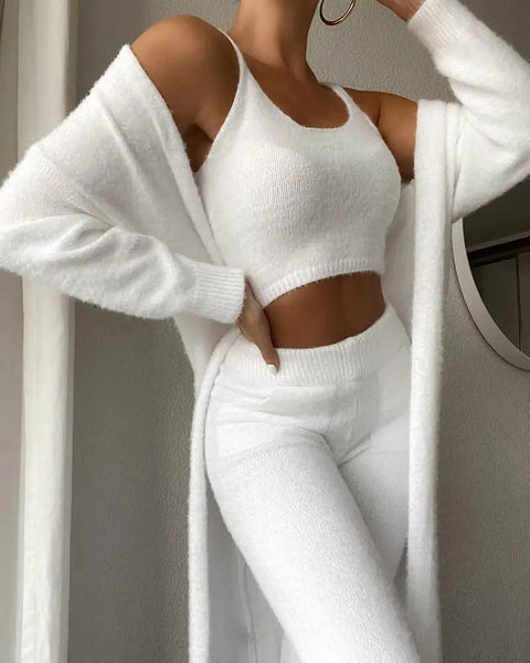 Trendy Knitted Cardigan Jacket, Crop Top And Bottom Set