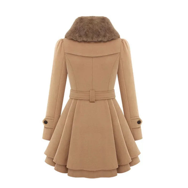 Trendy Woolen Fur Pleated Trench Coat