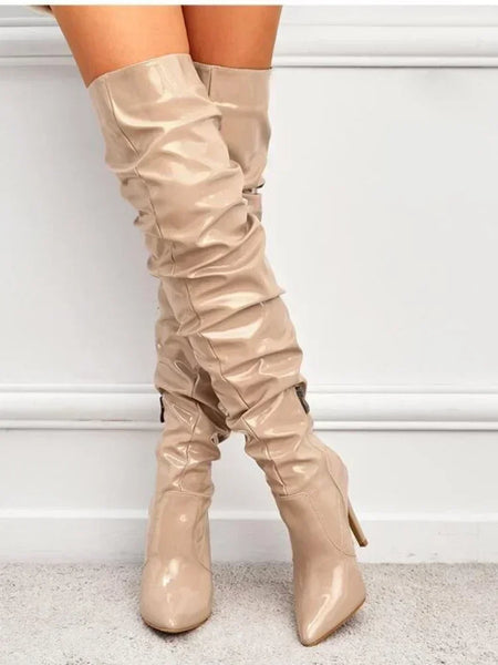 Trendy Over The Knee Pointed Patent Faux Leather Heel Boots