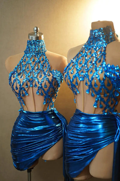 Trendy  Blue Rhinestone Crop Top And Bottom Set