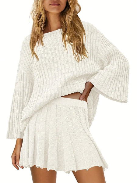 Trendy Pleated Long Sleeve Sweater Mini Skirt Set