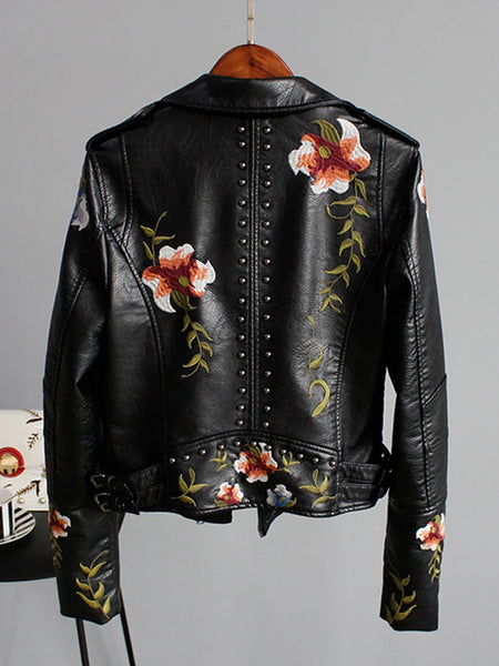 Trendy  Faux Leather Floral Print Jacket