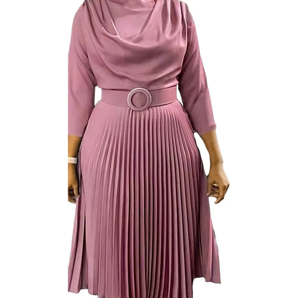 Trendy Pleated Long Sleeve Dress With Belt